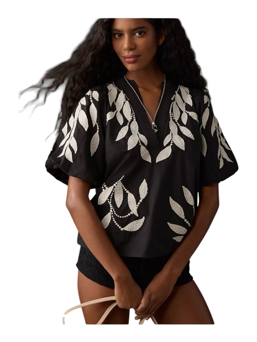Anthropologie Black V-Neck Top with Ivory Leaf Embroidery sz1x